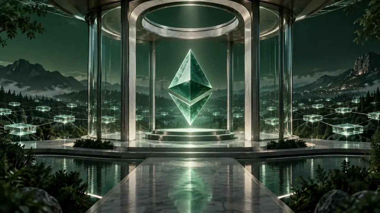 An Ethereum diamond inside a transparent pavilion connected to ledger tiles.