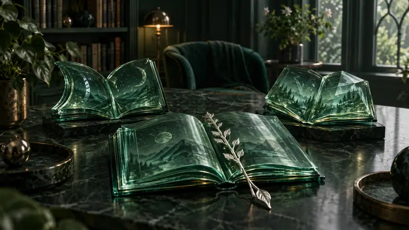 Three glass books and a branching bookmark in an emerald reading room.