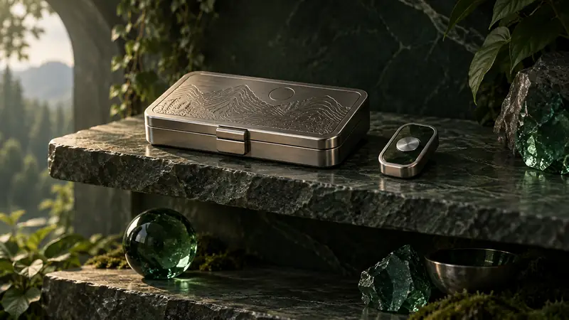 A durable metal backup case sits beside a separate wallet device.
