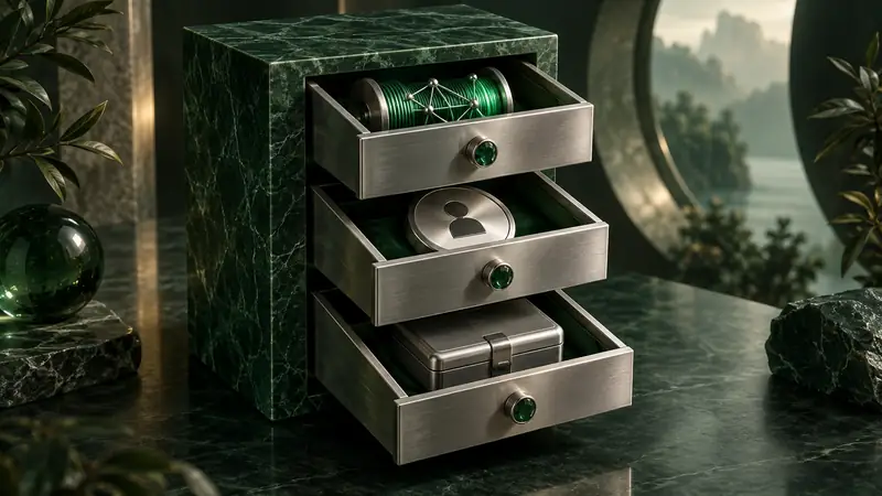 Three drawers separate wallet data, permissions, and recovery.