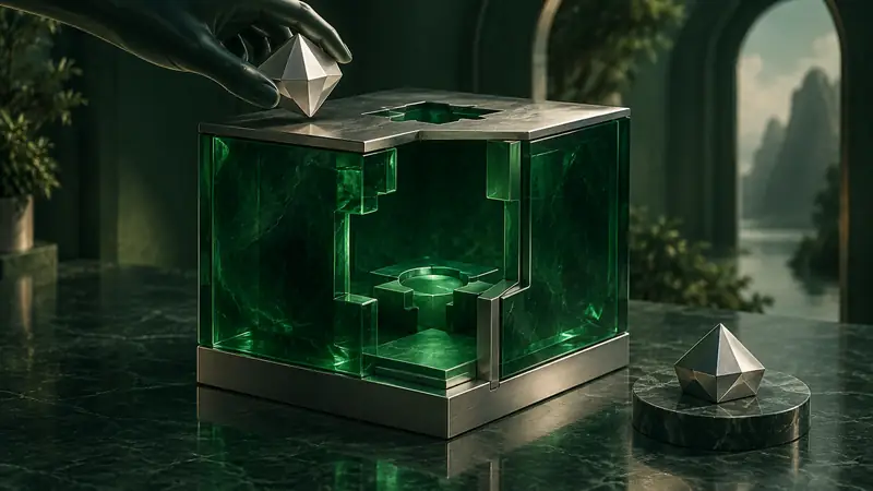 A geometric puzzle chamber with matching silver pieces illustrates a proof concept.